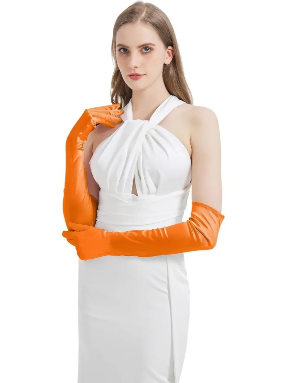 Women's Orange Satin Opera Elbow Length 1920s Flapper Long Gloves Party